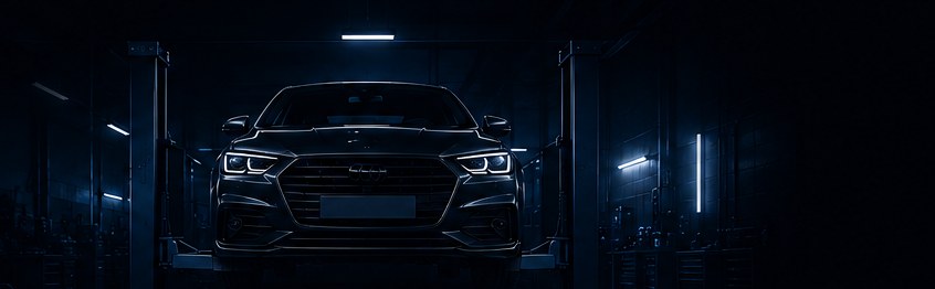 Carro sobre o elevador em uma das oficinas do Grupo HtechCar